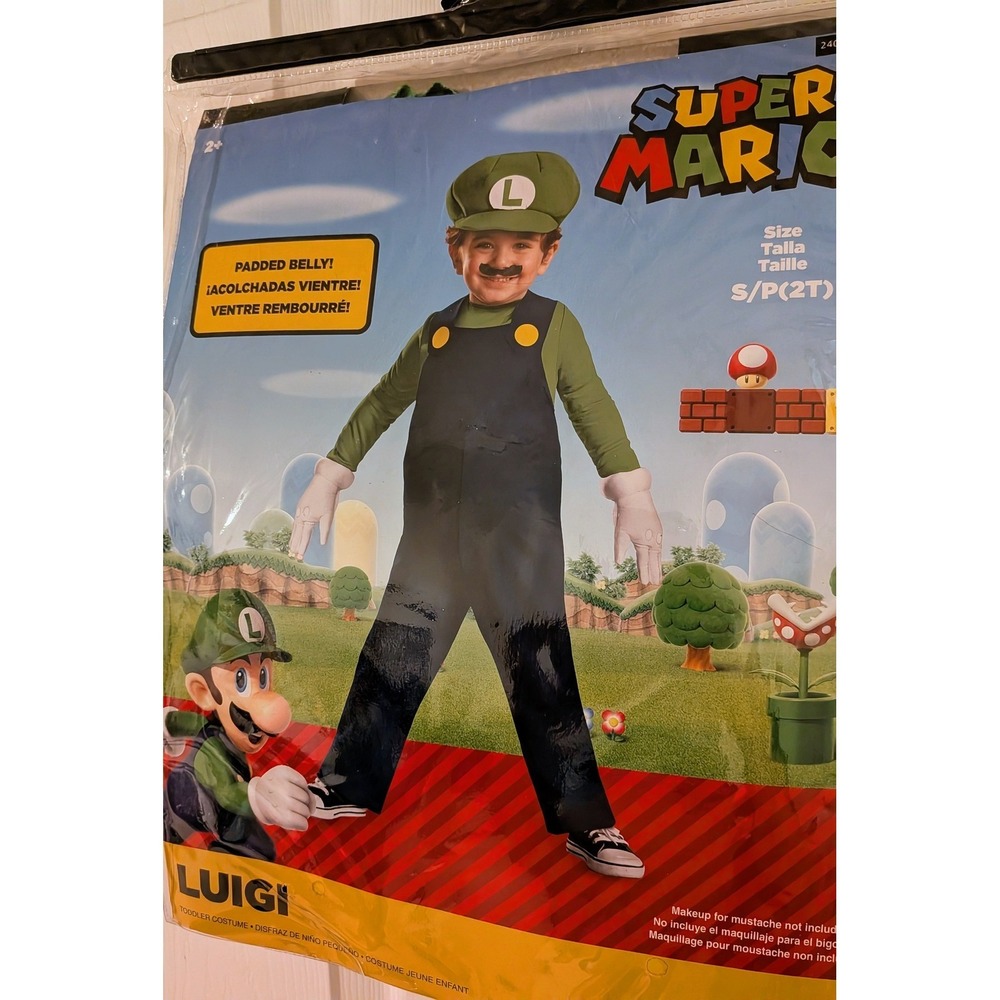 Luigi Toddler Costume 2T Super Mario Bros Green Hat Padded Overalls NWT - Picture 6 of 9